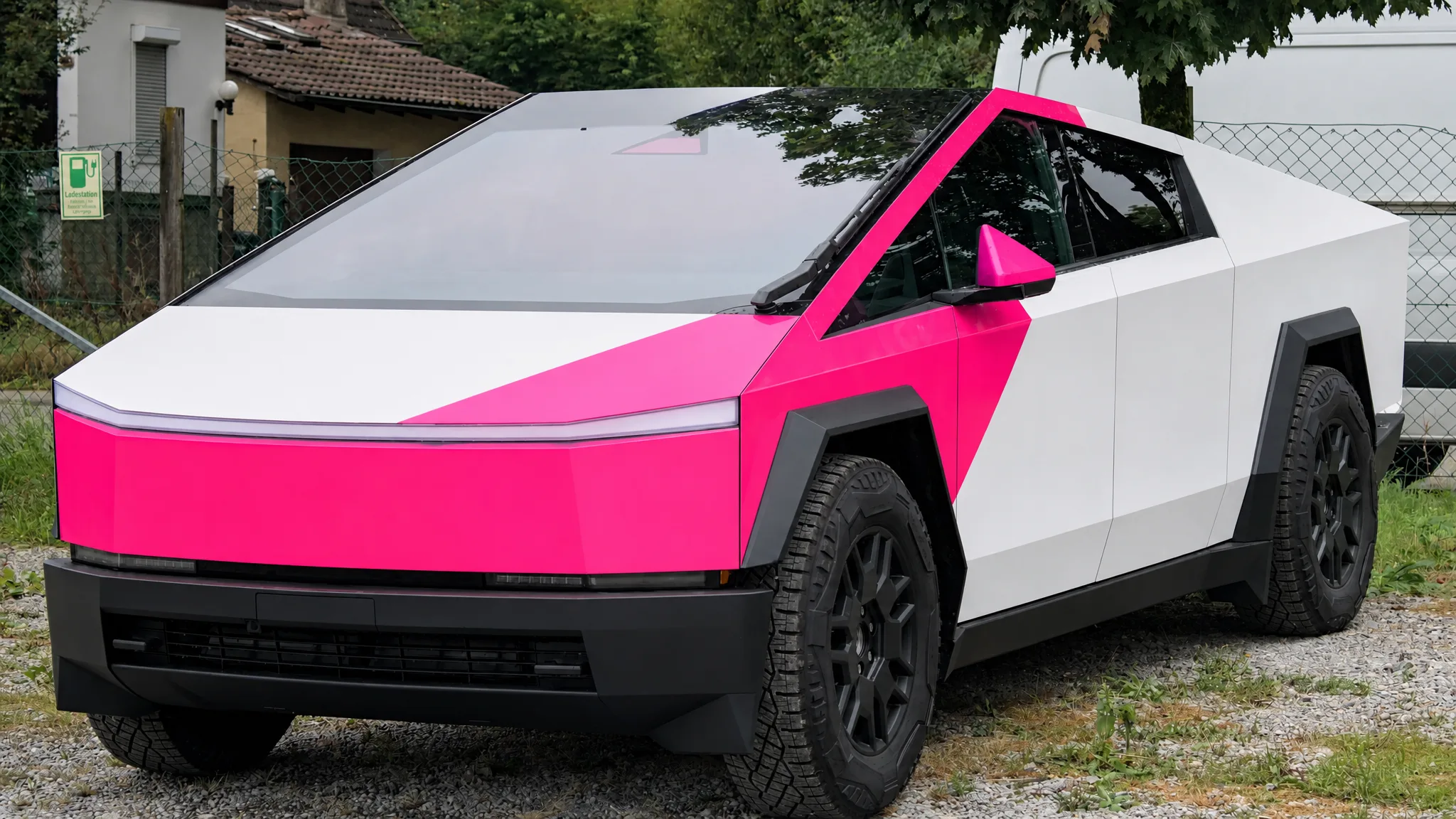 Neon Pink White Split Cybertruck wrap