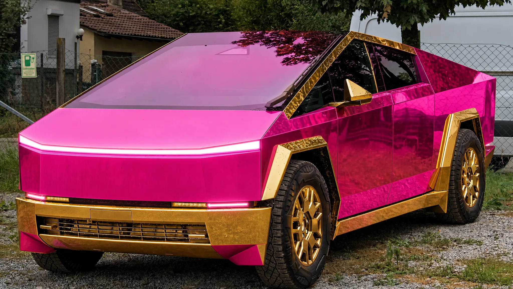 Neon Pink with Gold Accents Cybertruck wrap