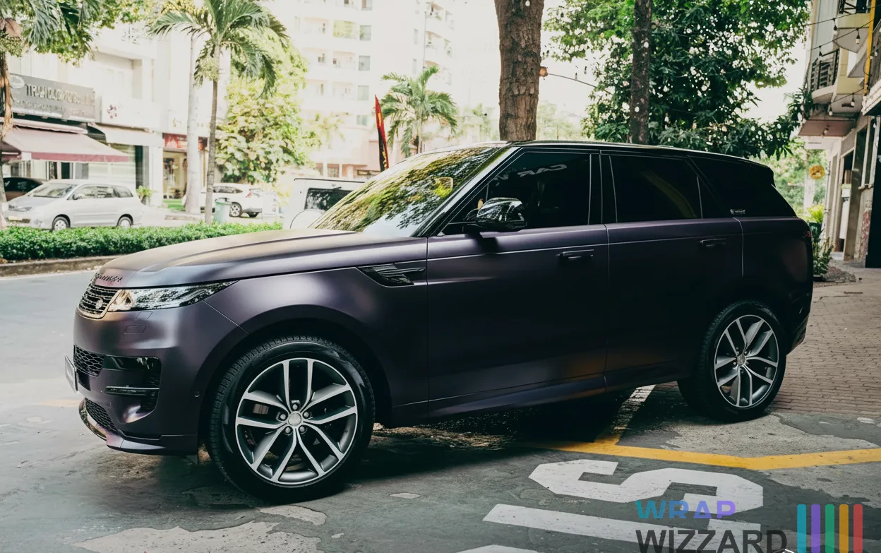 2025 Range Rover Sport wrapped in perfect matte black vinyl — photorealistic AI preview