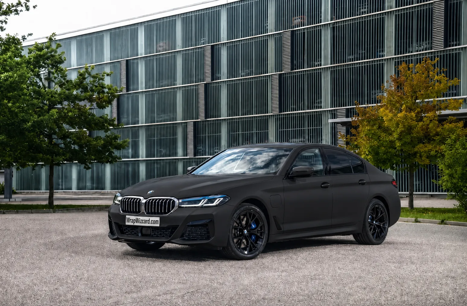 BMW 5 Series in matte black vinyl wrap