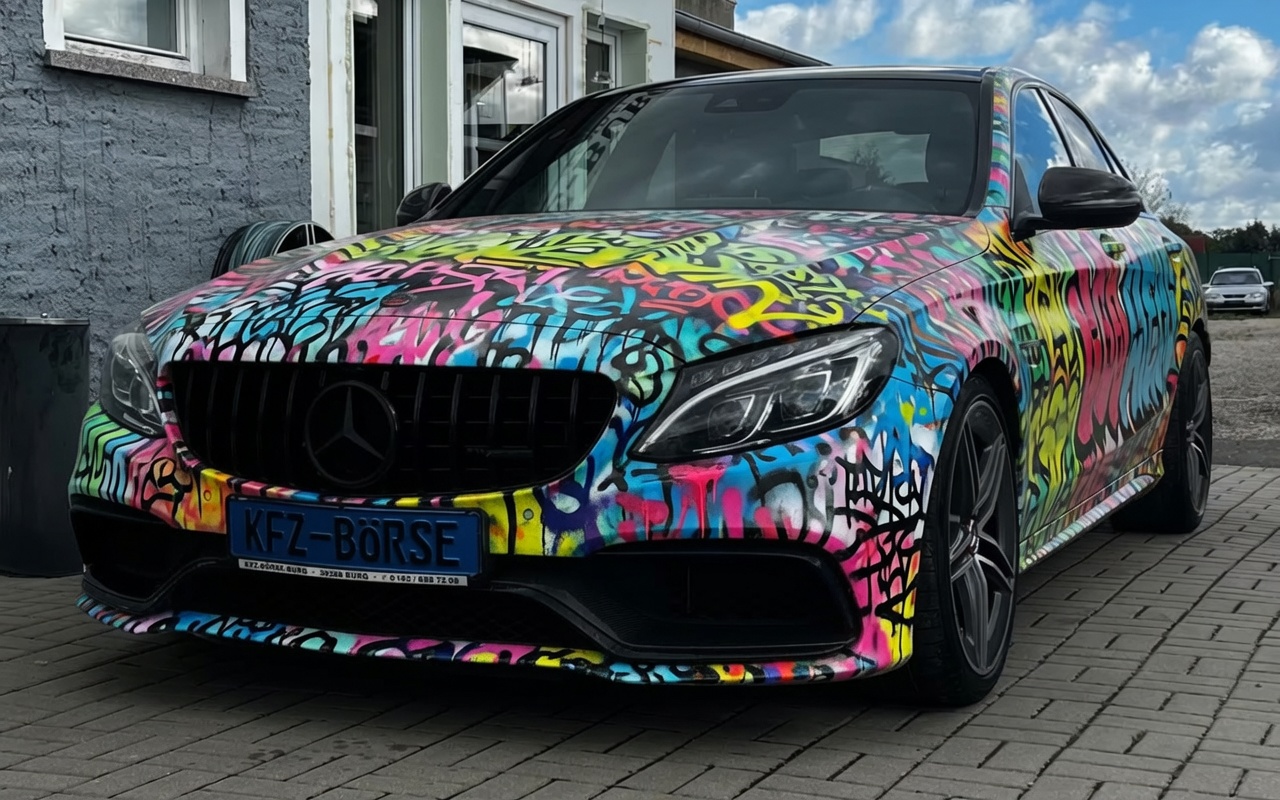 Custom Graffiti vinyl wrap on Mercedes-Benz C-Class