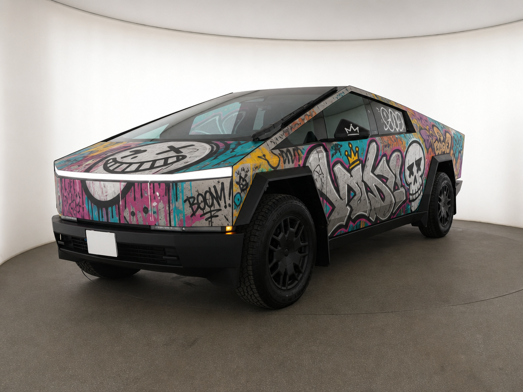 Graffiti vinyl wrap on Tesla Cybertruck