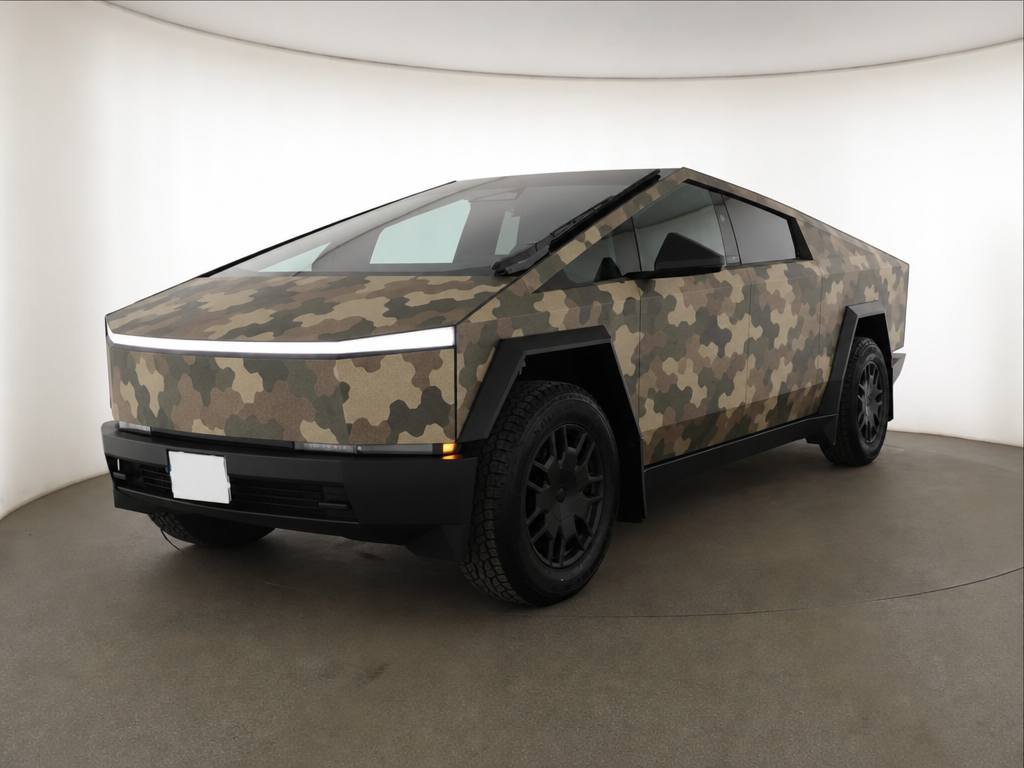Camo vinyl wrap on Tesla Cybertruck