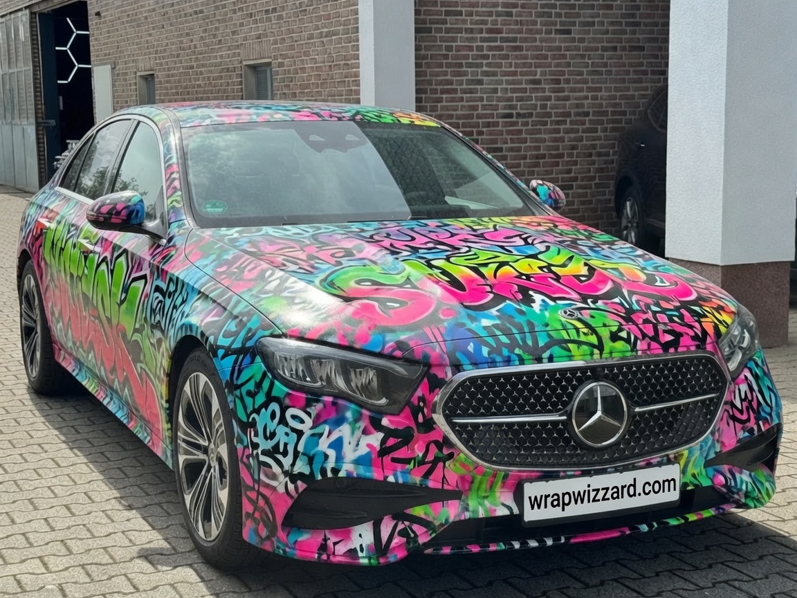 Custom Graffiti vinyl wrap on Mercedes-Benz E-Class