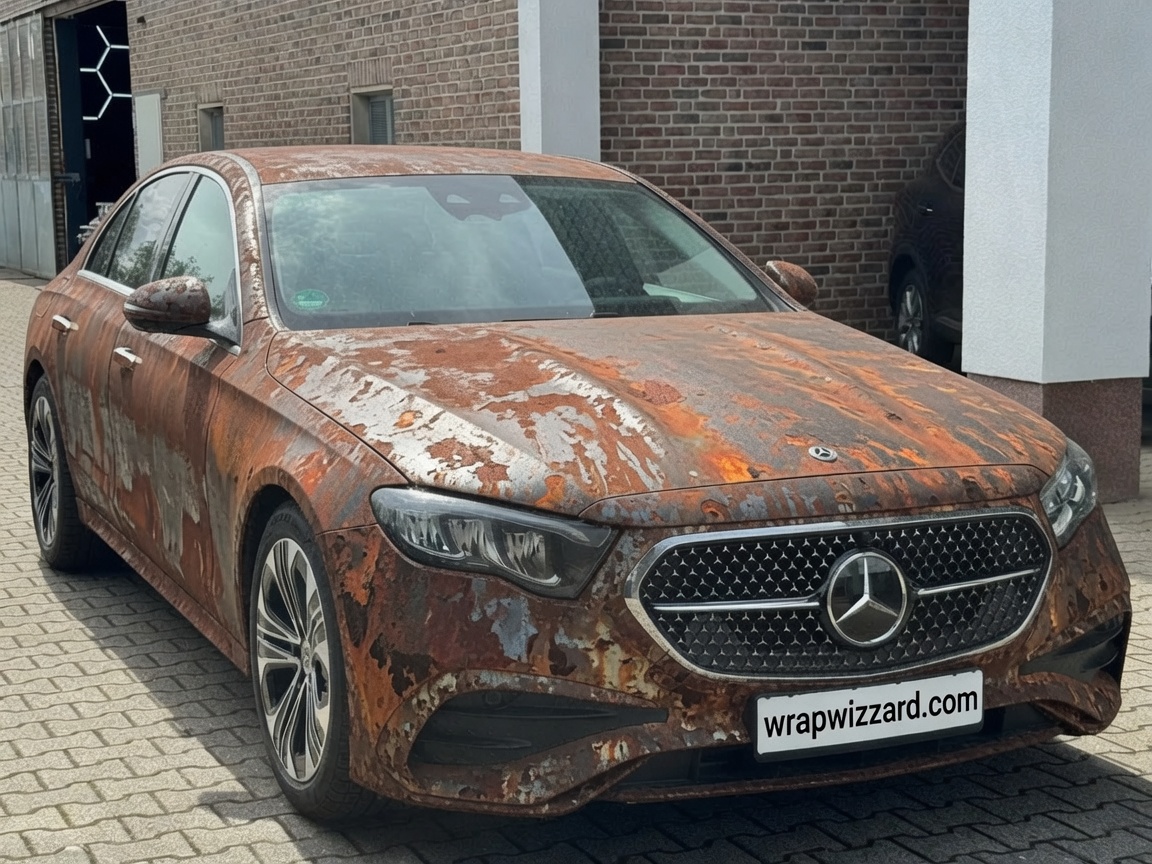Custom Rust Patina vinyl wrap on Mercedes-Benz E-Class