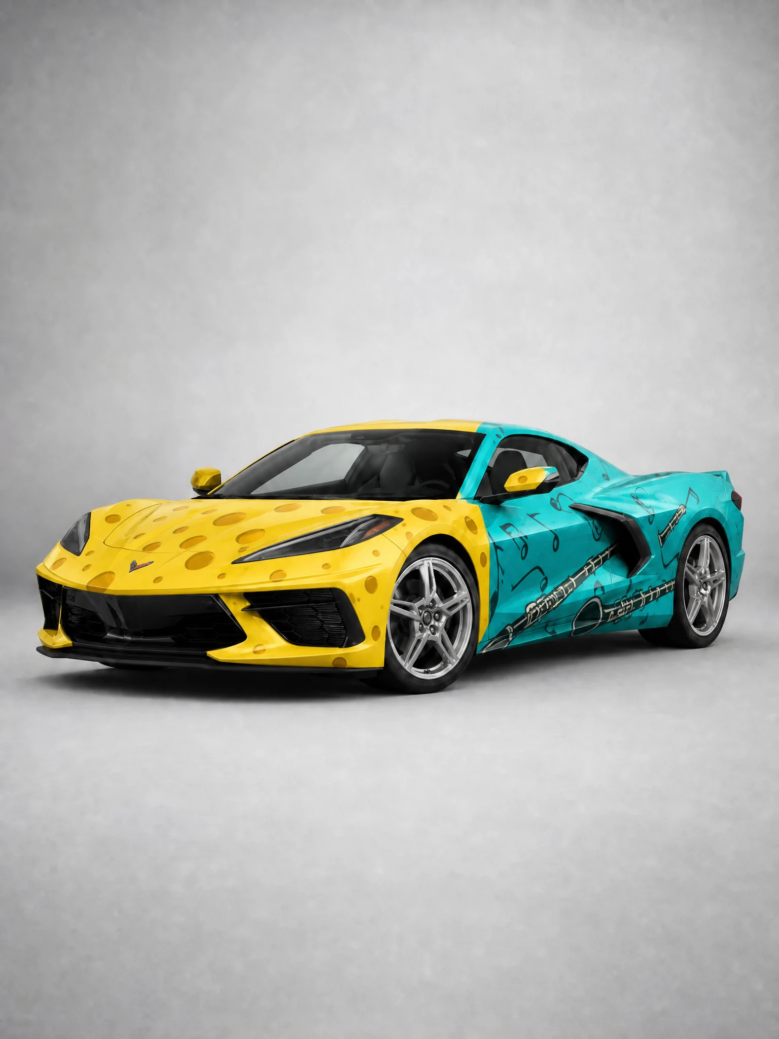 Corvette C8 in split yellow-sponge and teal clarinet wrap