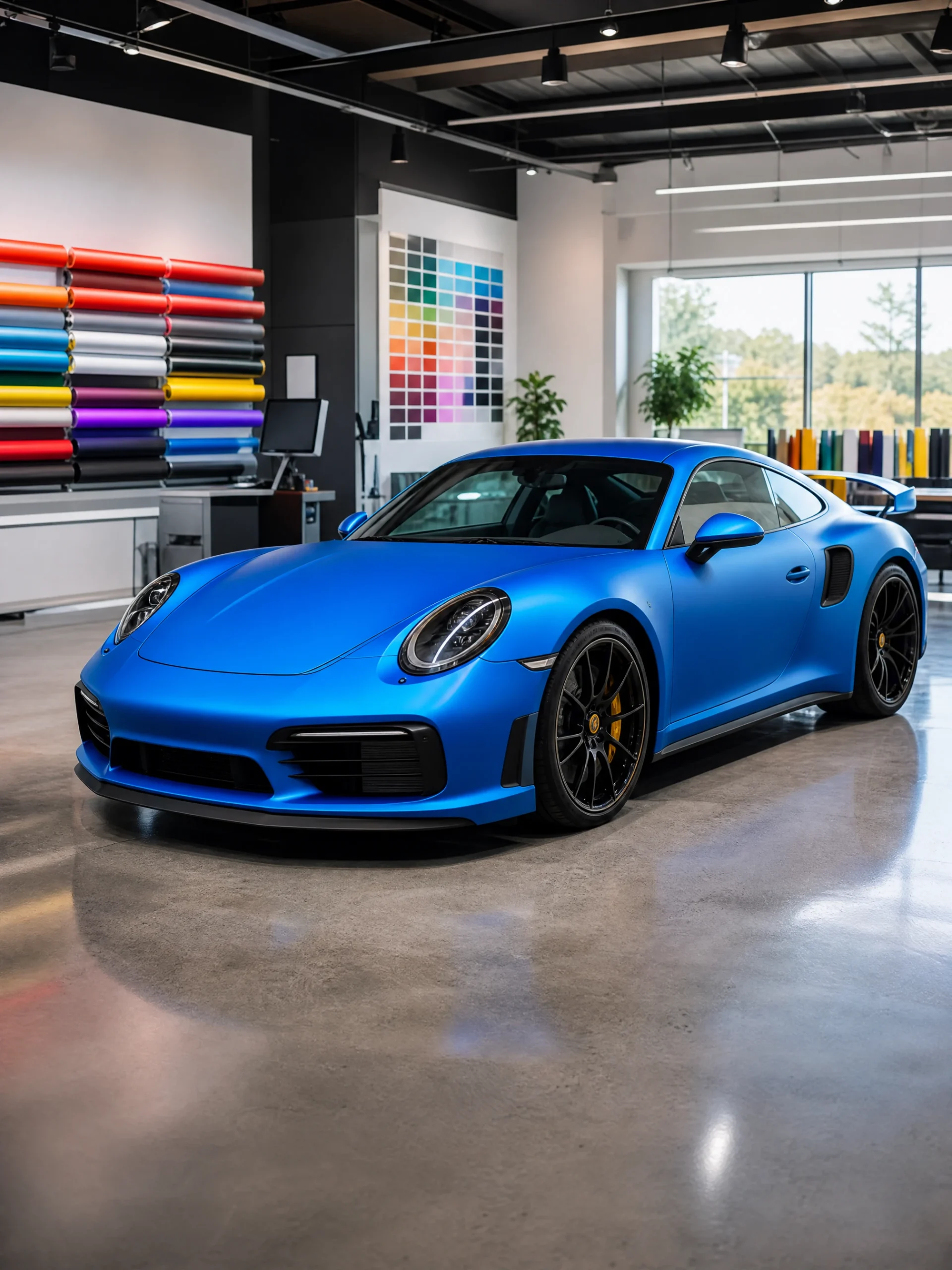 Blue matte Porsche in a car-wrap design studio
