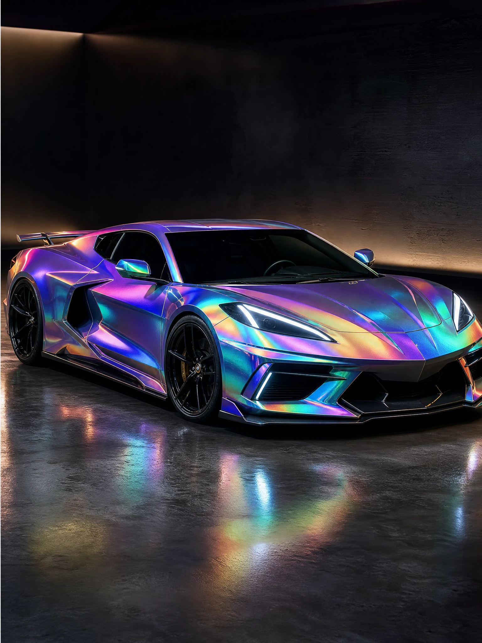 Futuristic sports car in a holographic wrap