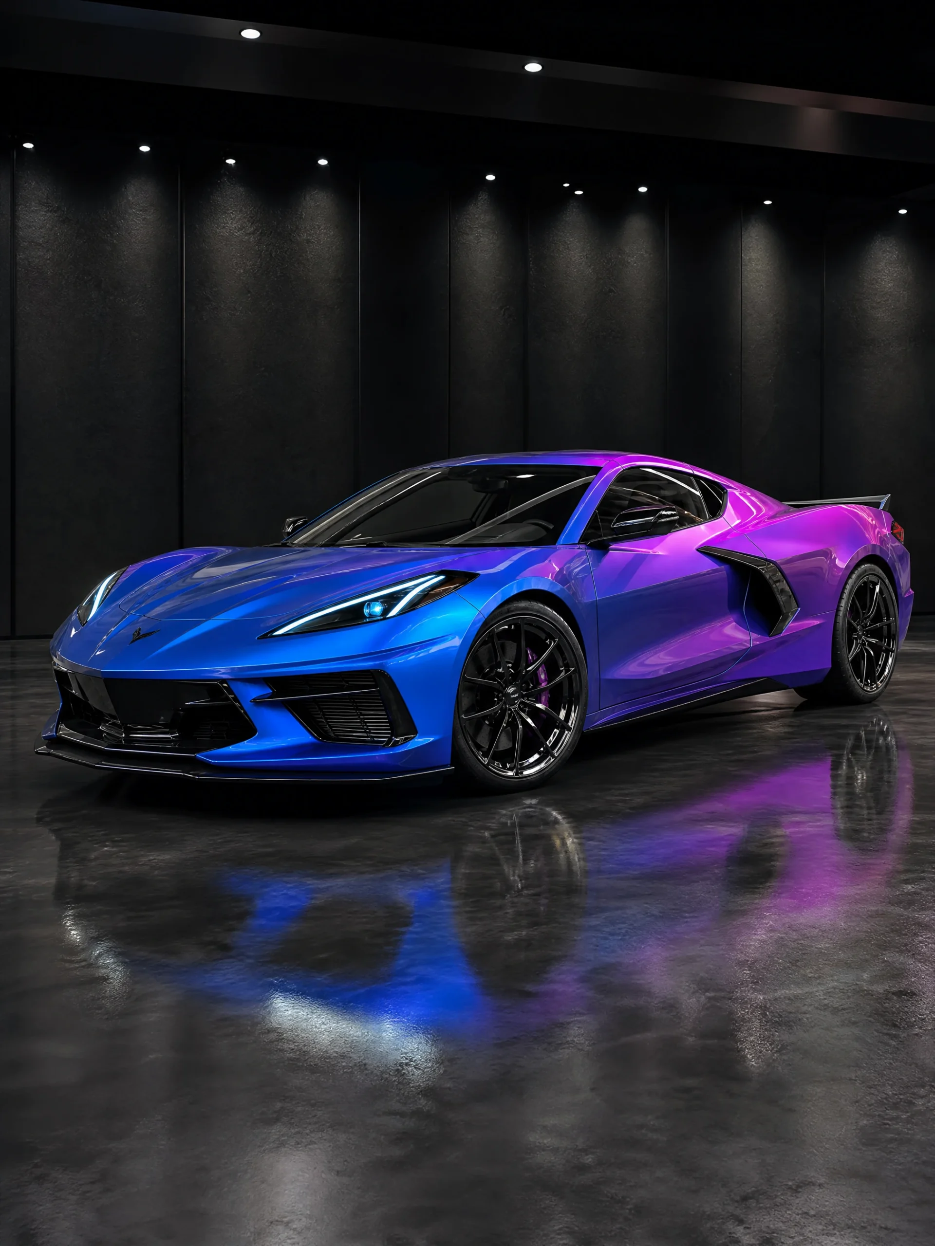 Sports car in a blue-to-purple gradient wrap