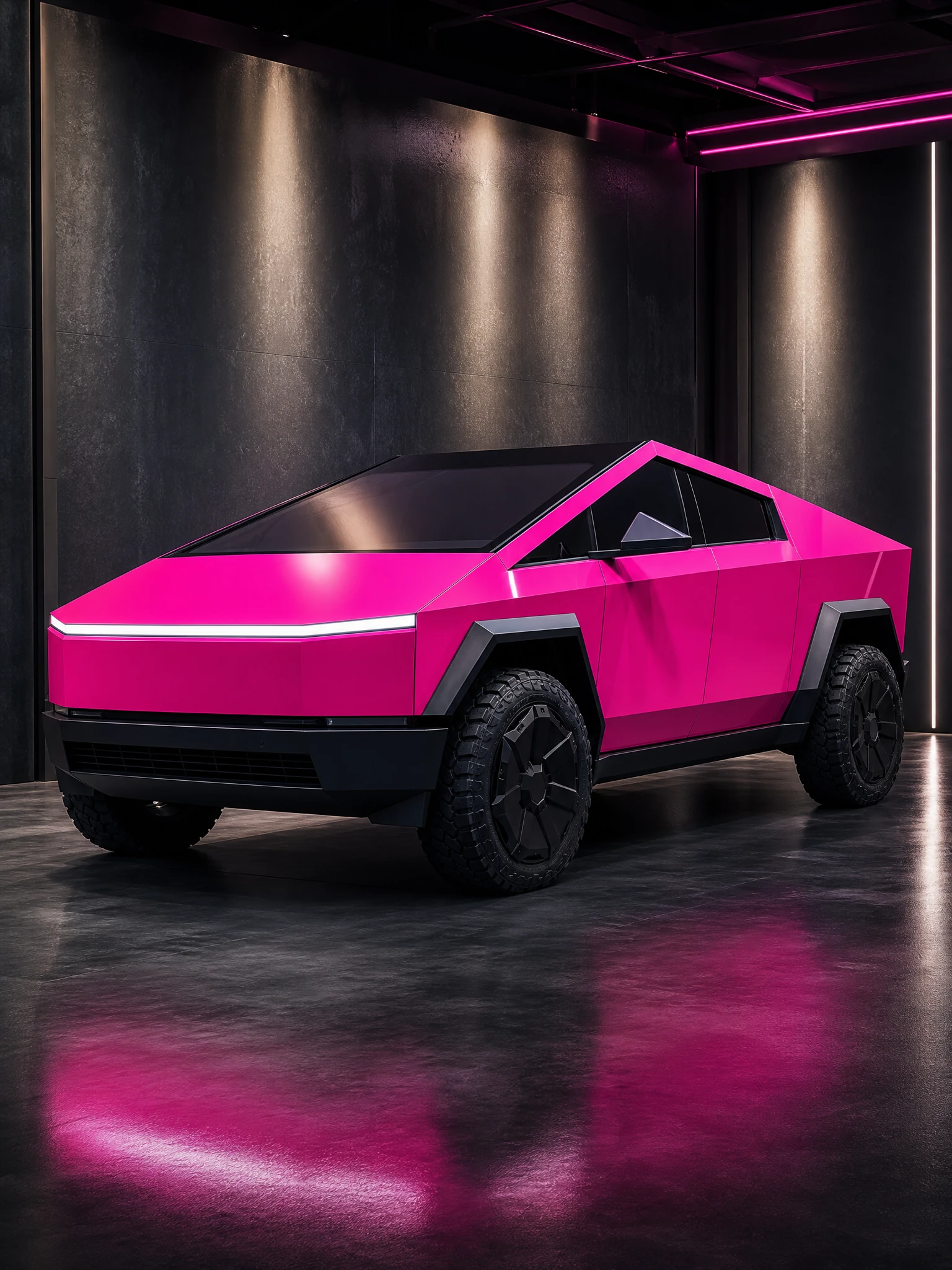 Tesla Cybertruck in a glossy neon pink wrap
