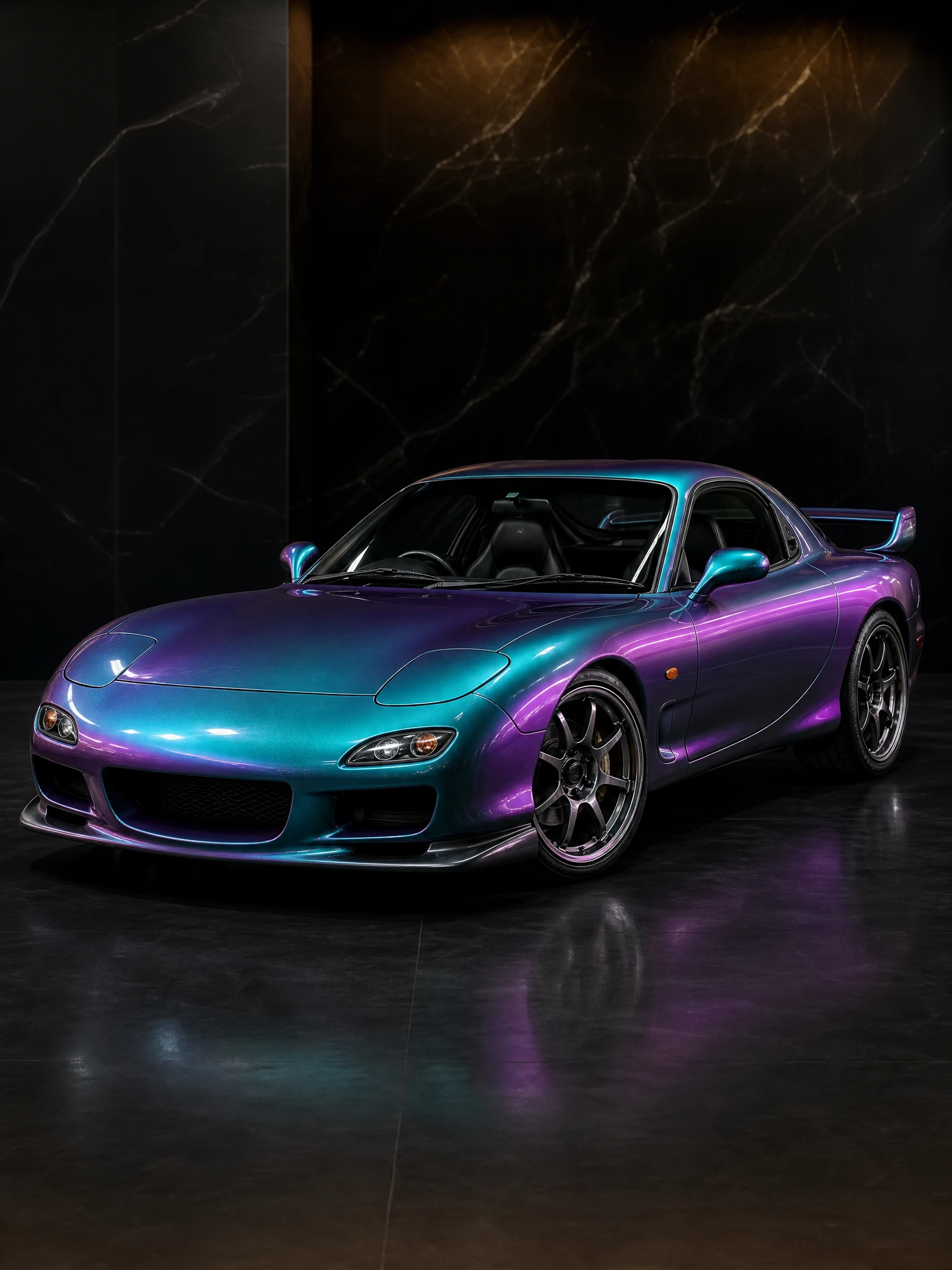 Mazda RX-7 in a teal-purple chameleon wrap