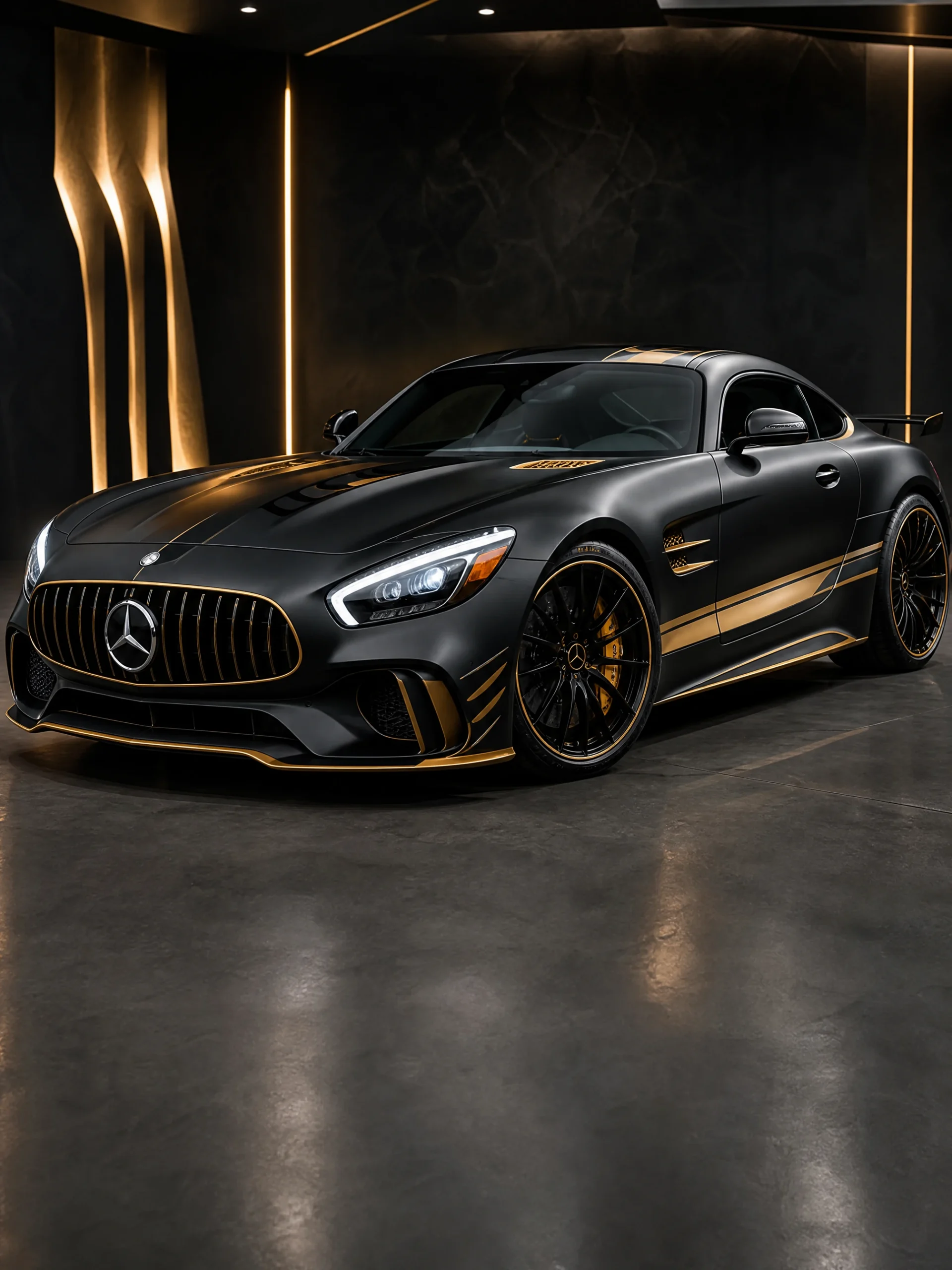 Mercedes-AMG GT in a matte black and gold wrap