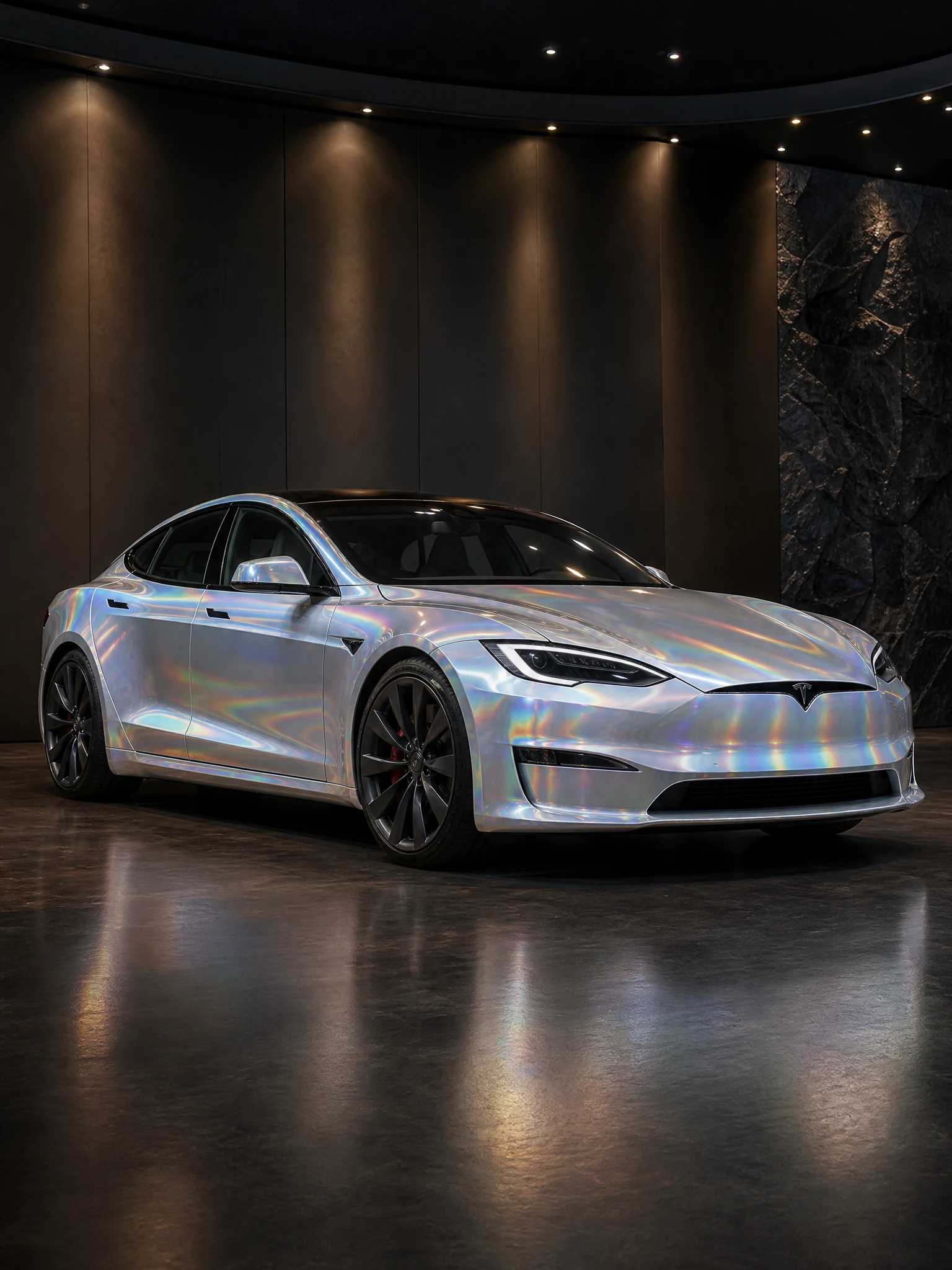 Tesla Model S in a holographic chrome wrap