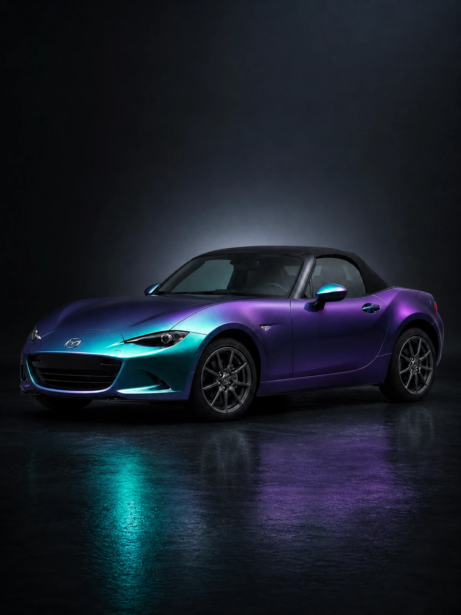 Mazda Miata in teal-to-purple chameleon wrap