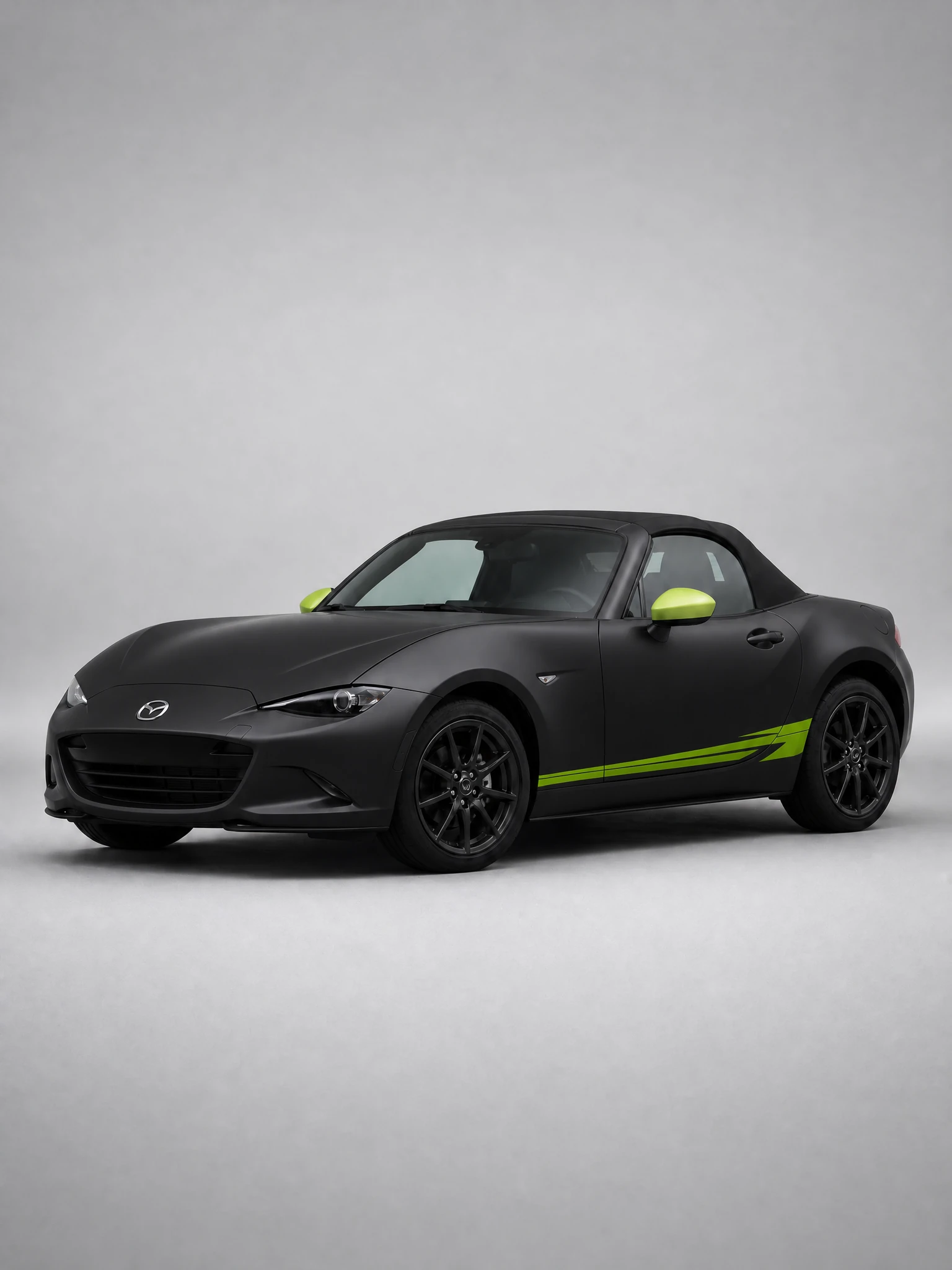 Mazda Miata in matte black wrap with lime accents