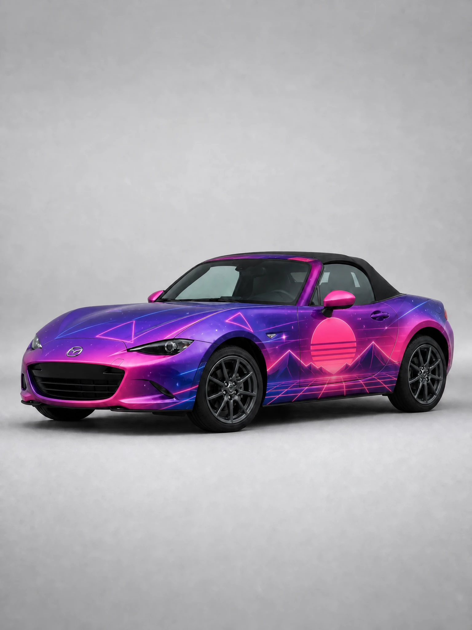 Mazda Miata in neon cyberpunk synthwave wrap