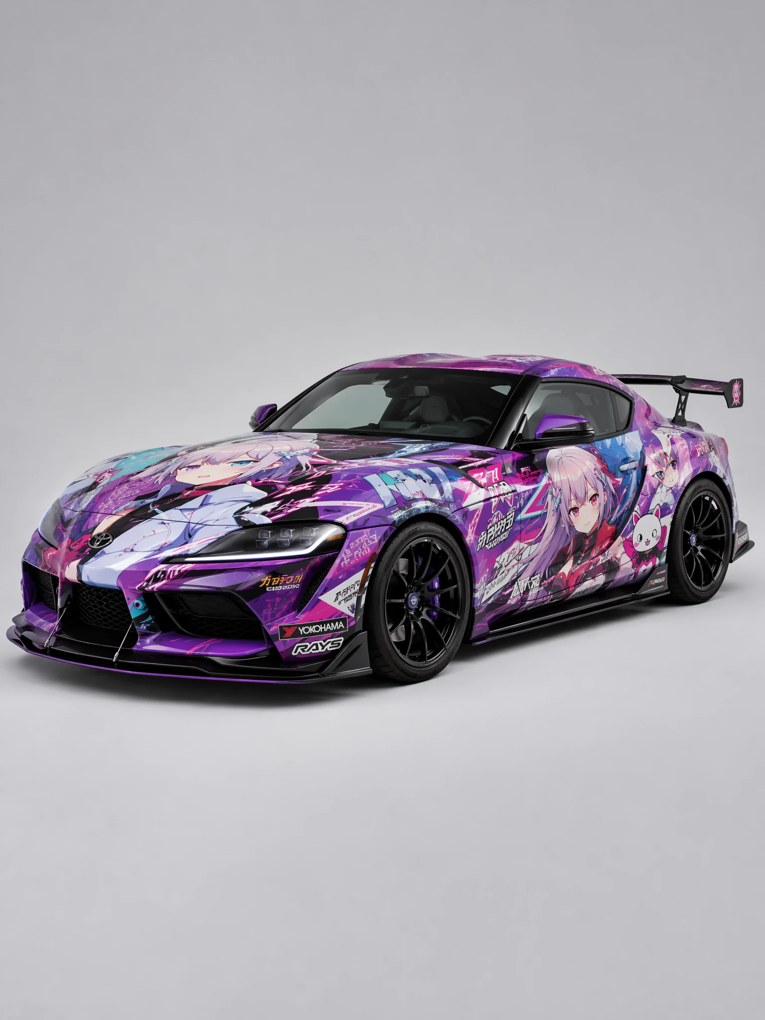Sports car in a vibrant anime itasha wrap