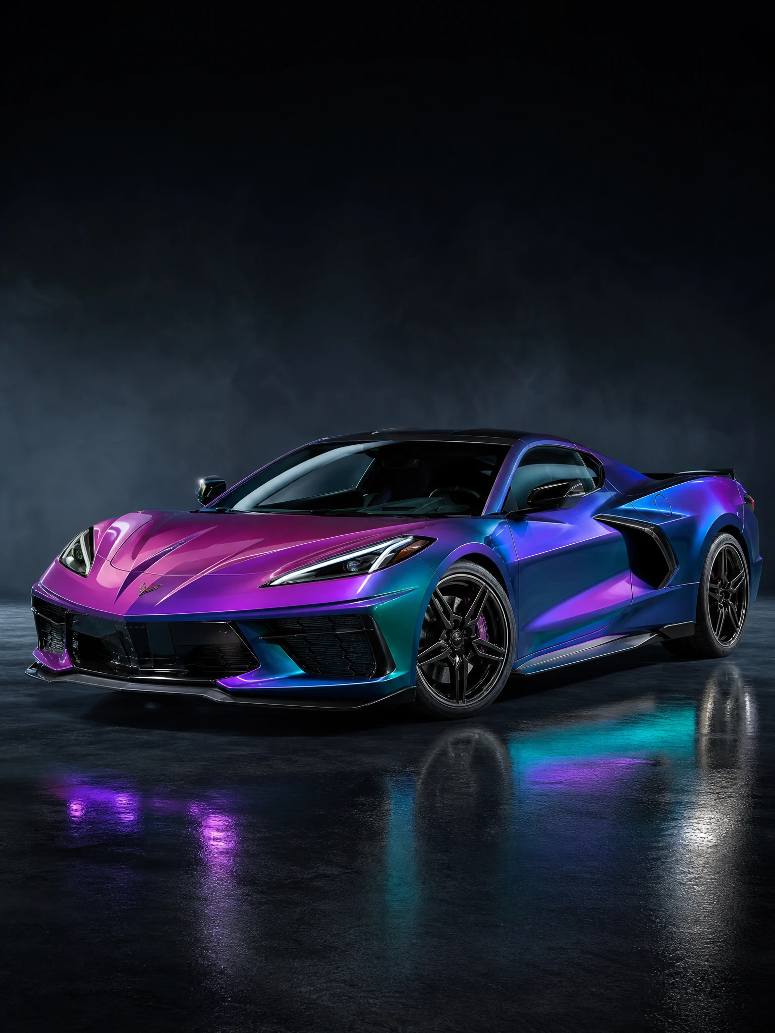Sports car in a color-shift chameleon wrap