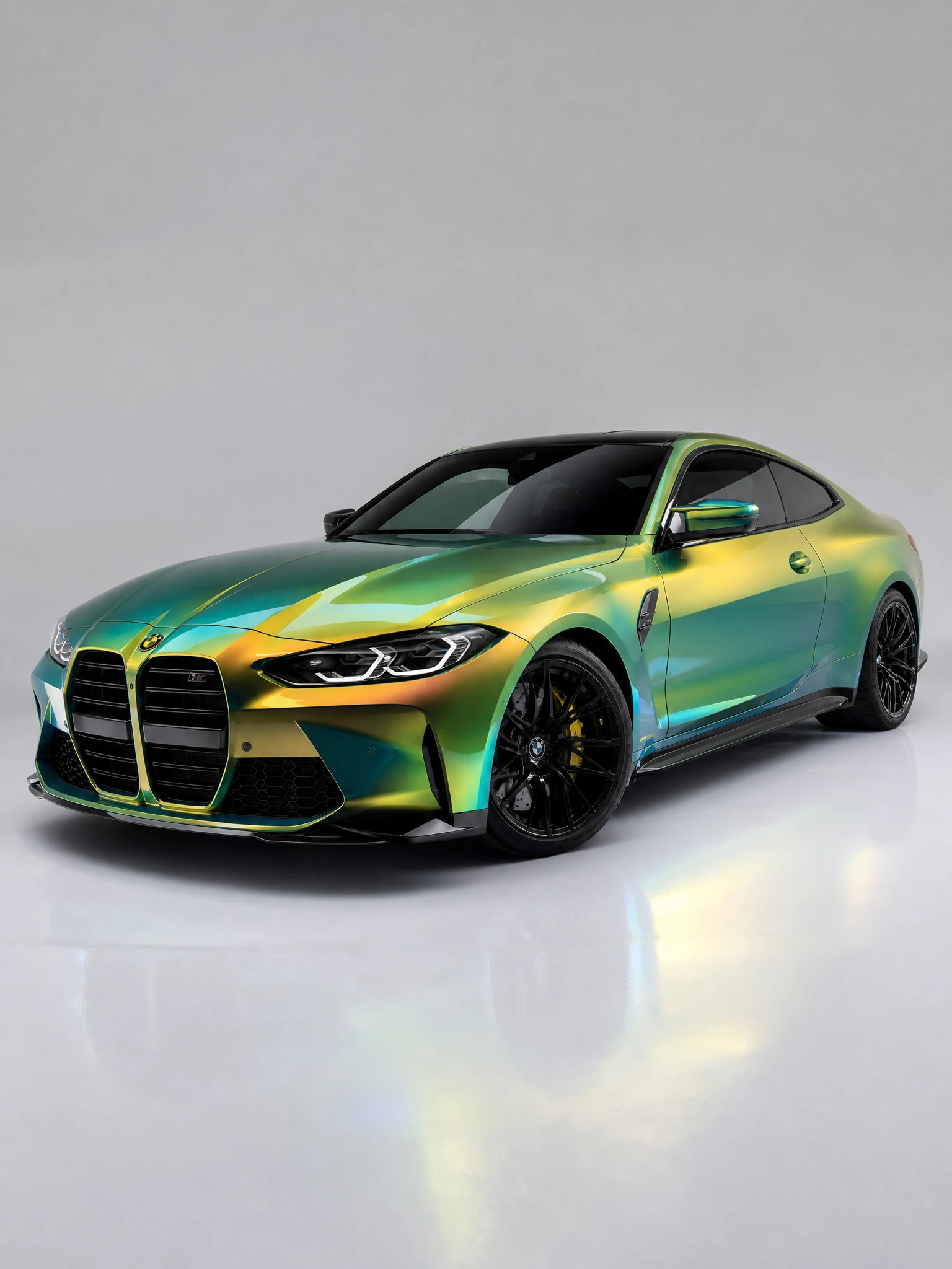 Coupe in a gold-green chameleon wrap under gloss PPF